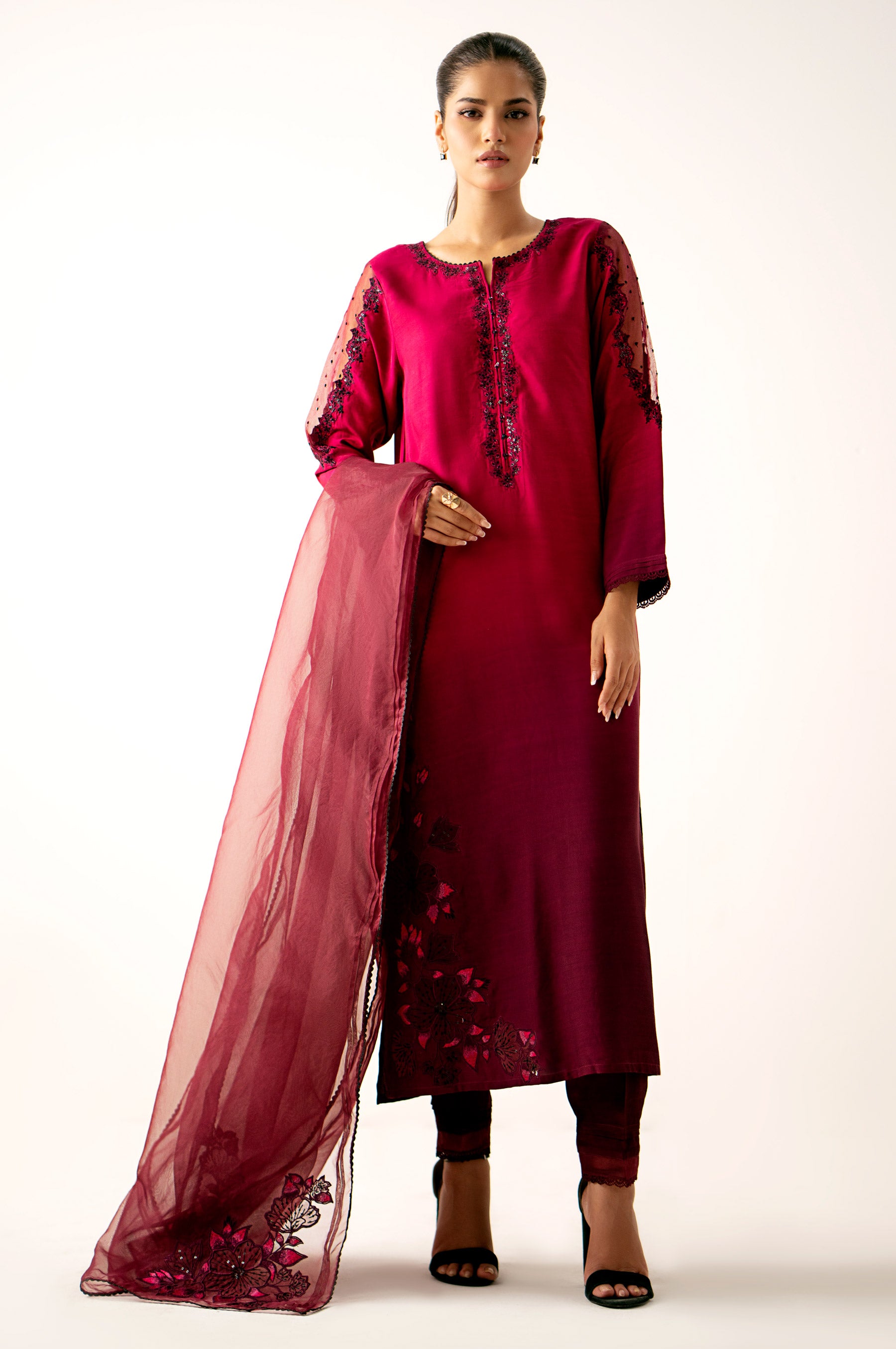 Stitched 3 Piece Embroidered Raw Silk Suit